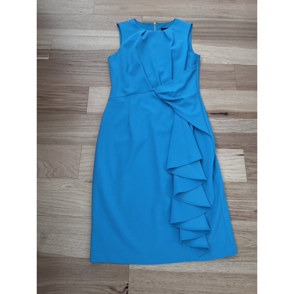 T Tahari Teal Blue Sheath Dress Ruffle Detail Business Casual Women's Size 8 - Picture 7 of 11